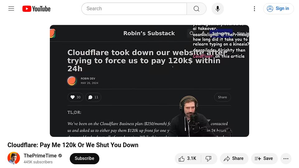 Screenshot of youtube.com: Cloudflare has become a pig butchering scam but legal [video]