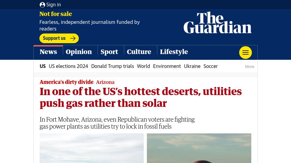 Screenshot of theguardian.com: In one of the US's hottest deserts, utilities push gas rather than solar