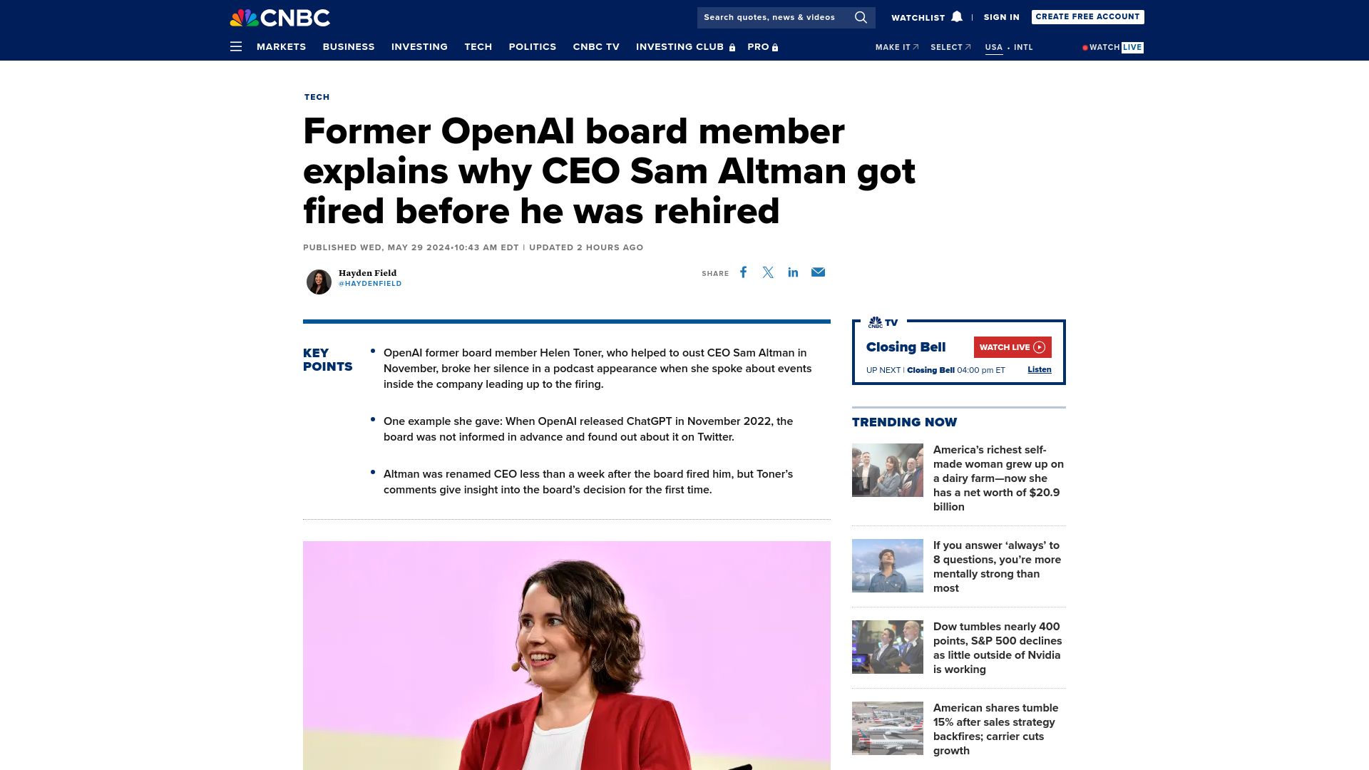 Screenshot of cnbc.com: Why OpenAI CEO was ousted