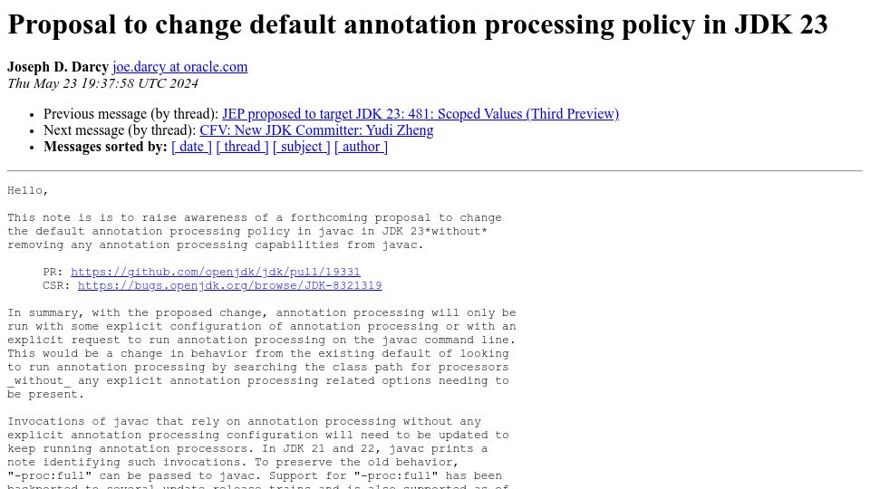 Screenshot of mail.openjdk.org: Proposal to change default annotation processing policy in JDK 23