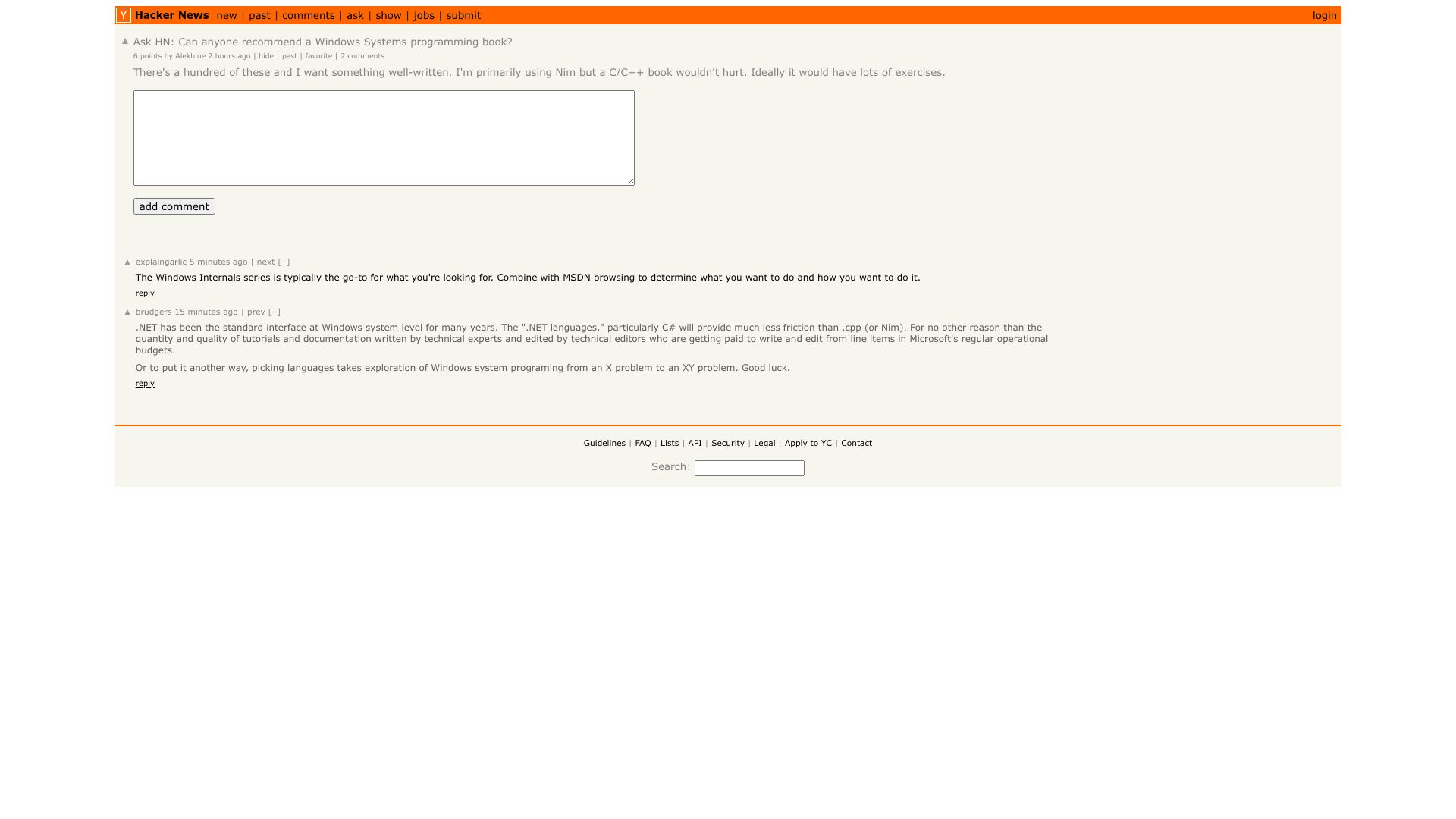 Screenshot of this Hacker News post: Ask HN: Can anyone recommend a Windows Systems programming book?