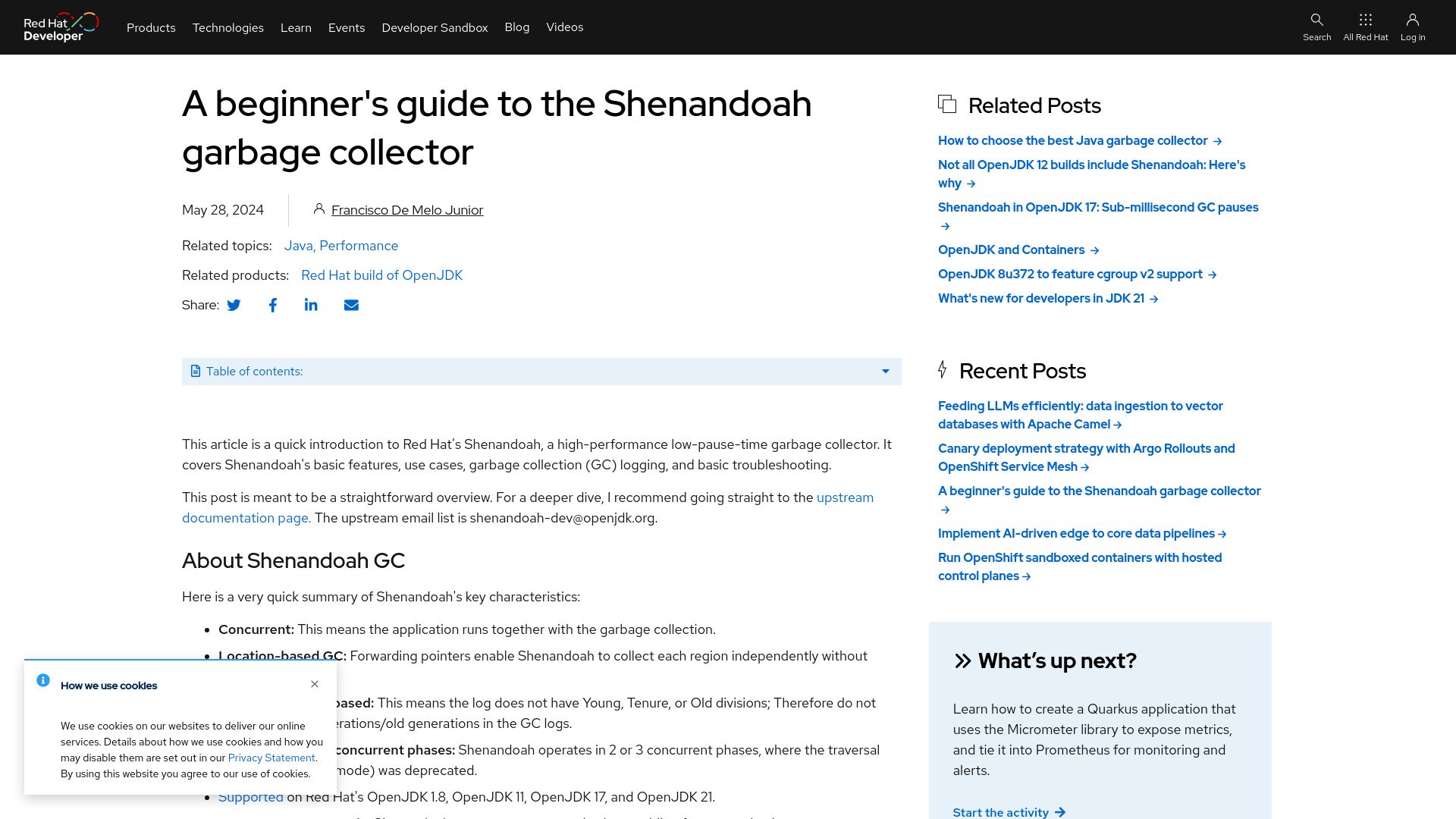 Screenshot of developers.redhat.com: Beginner's guide to the Shenandoah garbage collector