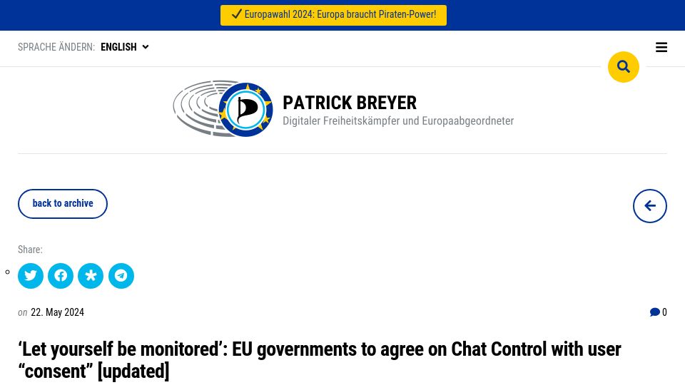 Screenshot of patrick-breyer.de: Let yourself be monitored: EU governments to agree on Chat Control