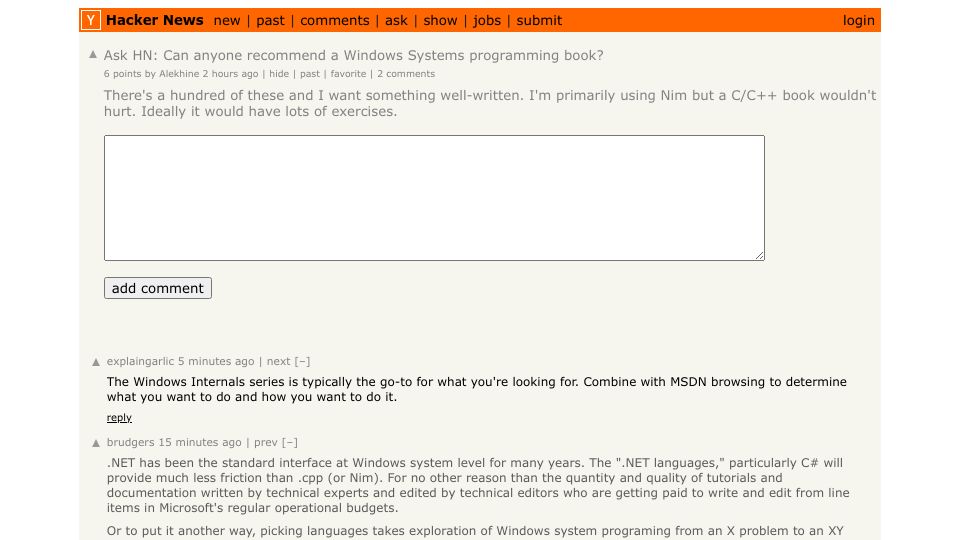 Screenshot of Hacker News post: Ask HN: Can anyone recommend a Windows Systems programming book?