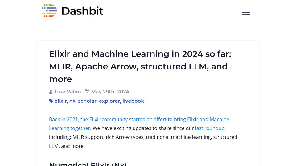 Screenshot of dashbit.co: Elixir and Machine Learning in 2024 so far: MLIR, Arrow, structured LLM, etc.