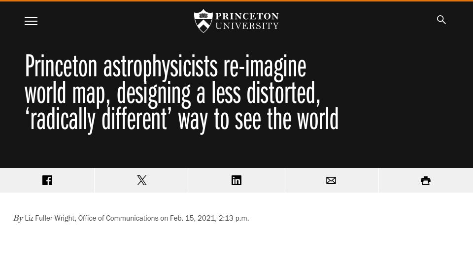 Screenshot of princeton.edu: Princeton astrophysicists re-imagine world map (2021)
