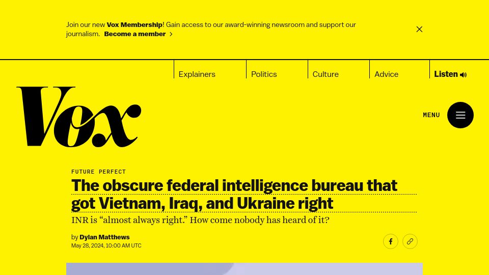 Screenshot of vox.com: The obscure intelligence bureau that got Vietnam, Iraq, and Ukraine right