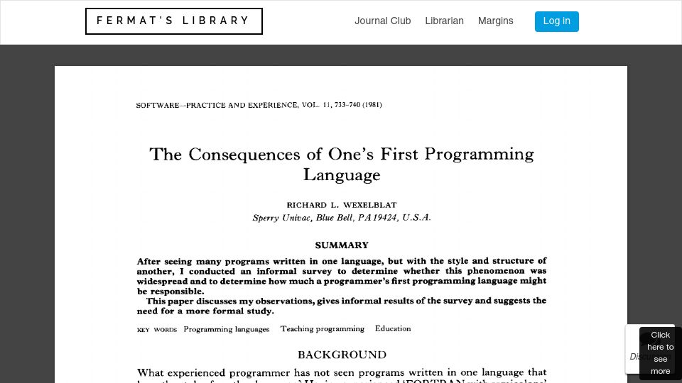 Screenshot of fermatslibrary.com: The Consequences of One's First Programming Language