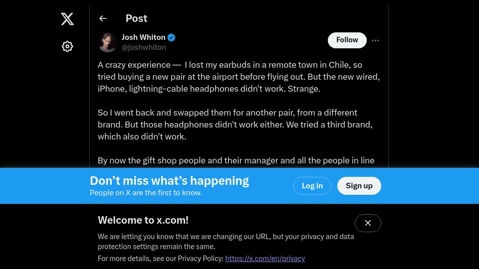 Screenshot of twitter.com: A crazy experience losing Apple earbuds in a remote town in Chile