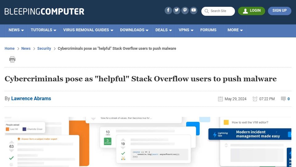 Screenshot of bleepingcomputer.com: Cybercriminals pose as "helpful" Stack Overflow users to push malware