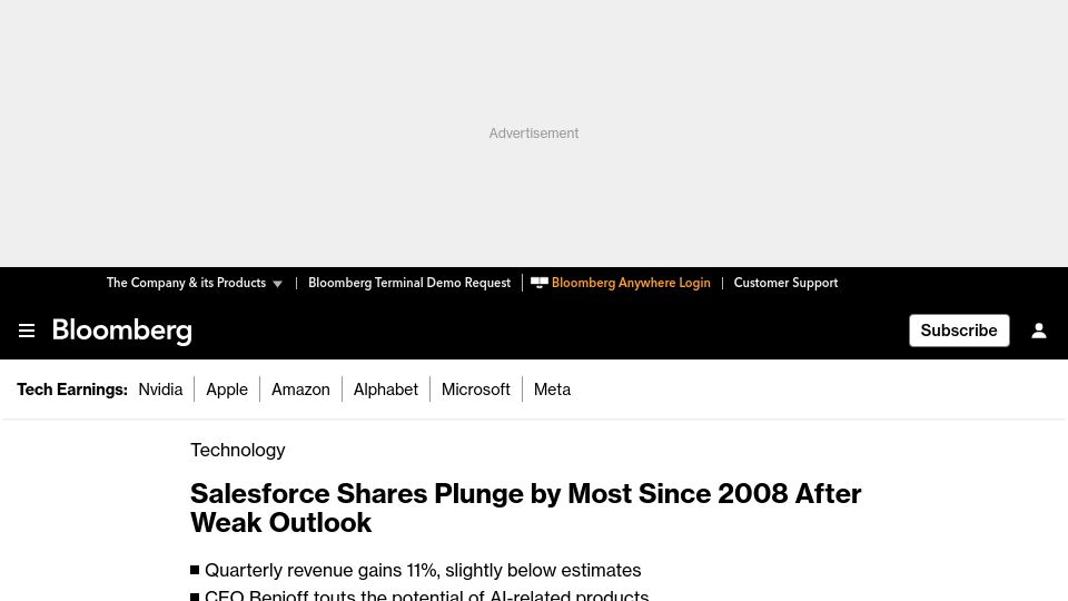 Screenshot of bloomberg.com: Salesforce Shares Plunge by Most Since 2008 After Weak Outlook