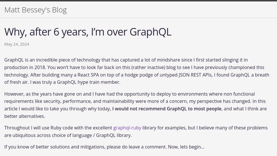 Screenshot of bessey.dev: After 6 years, I'm over GraphQL