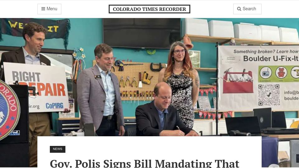 Screenshot of coloradotimesrecorder.com: Gov. Polis Signs Bill Mandating That Consumers Have Options to Fix Electronics