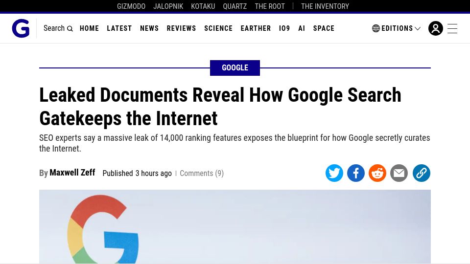 Screenshot of gizmodo.com: Google Search SEO document leak reveals how company curates internet