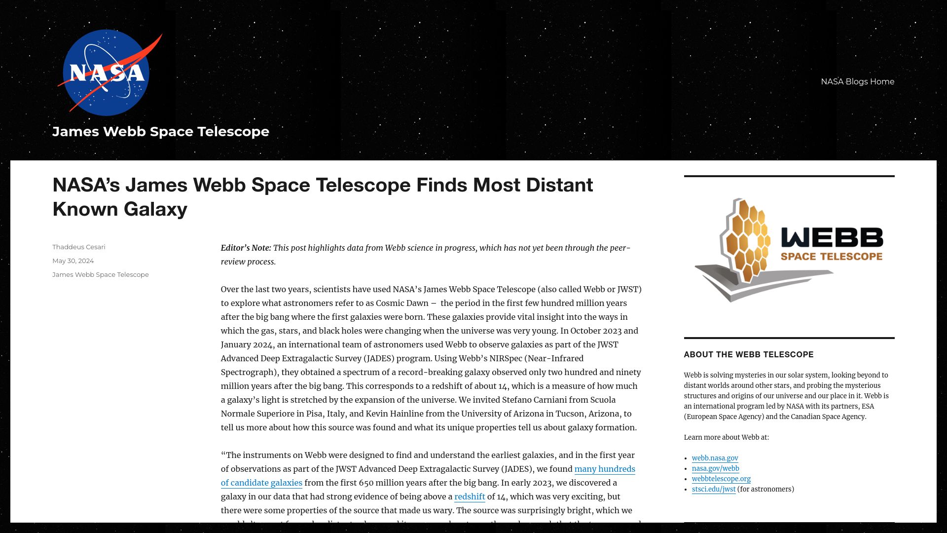 Screenshot of blogs.nasa.gov: James Webb Space Telescope Finds Most Distant Known Galaxy