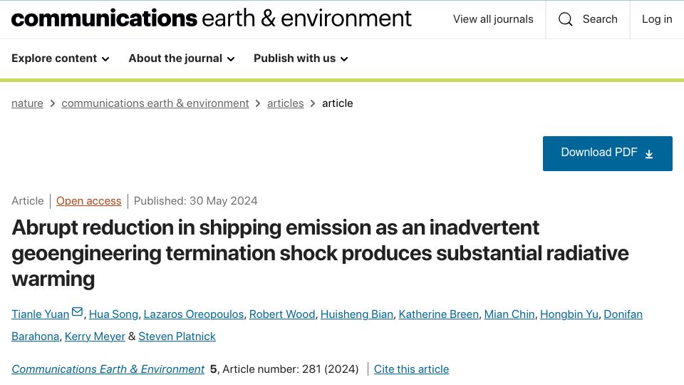 Screenshot of nature.com: 2023 planetary heat uptake from termination shock of inadvertent geoengineering?