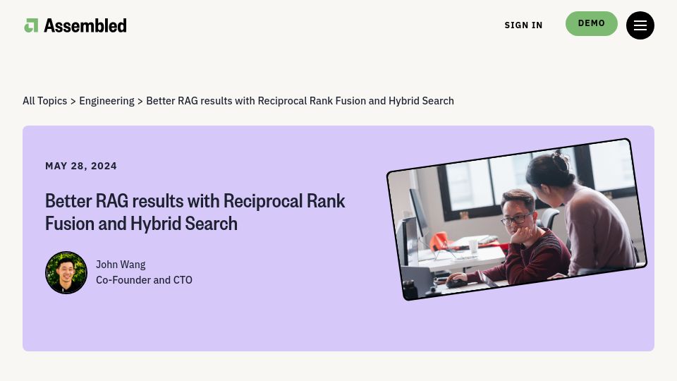 Screenshot of assembled.com: Better RAG Results with Reciprocal Rank Fusion and Hybrid Search
