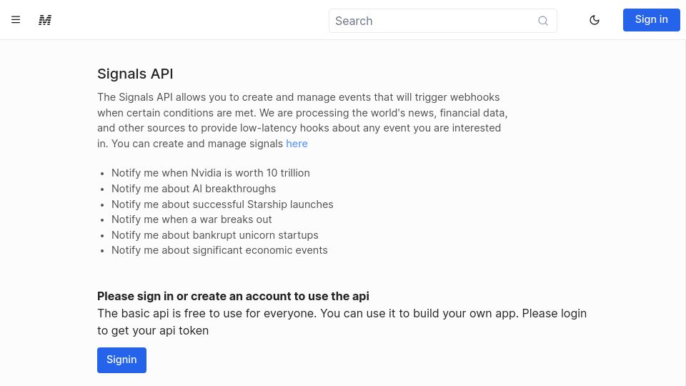 Screenshot of markets.sh: Show HN: Webhooks for Any Event