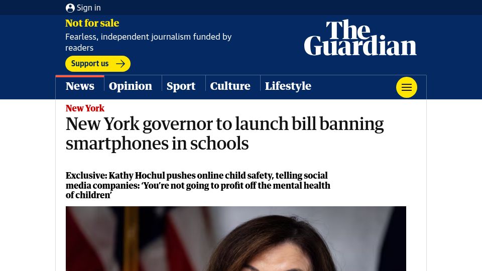 Screenshot of theguardian.com: New York governor to launch bill banning smartphones in schools
