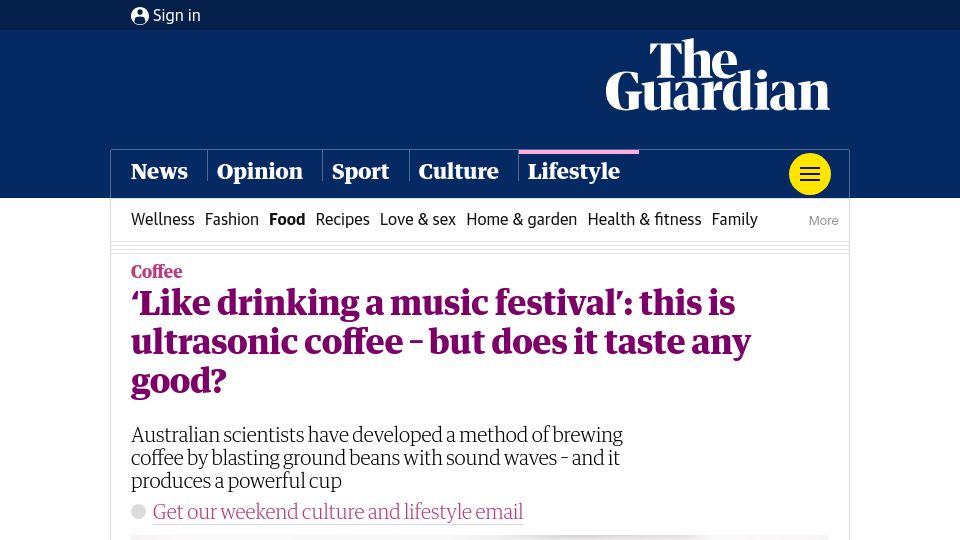 Screenshot of theguardian.com: Ultrasonic Coffee