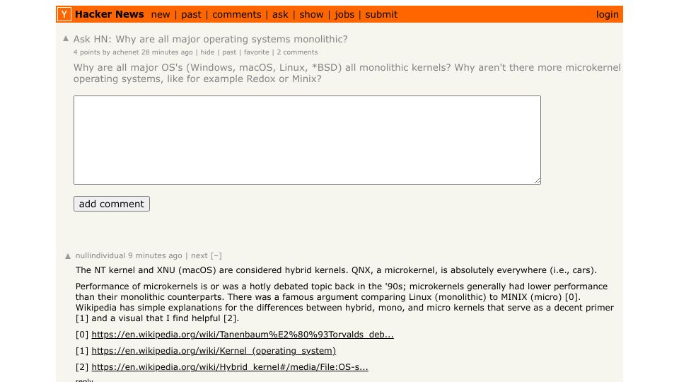 Screenshot of Hacker News post: Ask HN: Why are all major operating systems monolithic?