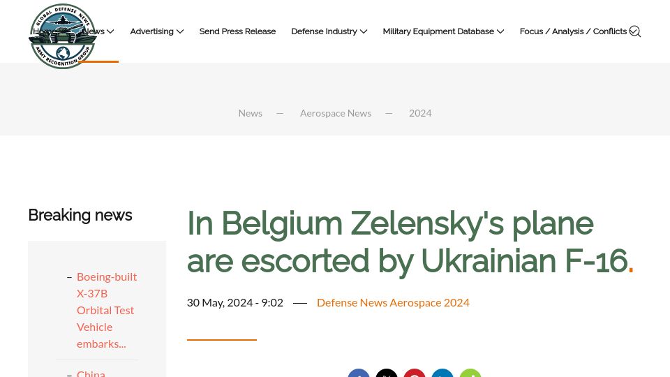 Screenshot of armyrecognition.com: In Belgium Zelensky's plane are escorted by Ukrainian F-16