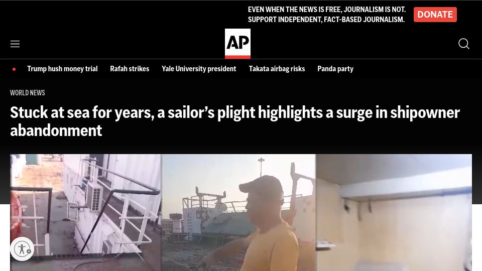 Screenshot of apnews.com: Stuck at sea for years, a sailor's plight highlights a surge in ship abandonment