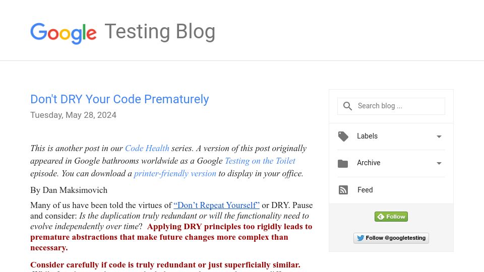 Screenshot of testing.googleblog.com: Don't DRY Your Code Prematurely