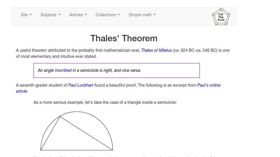 Screenshot of cut-the-knot.org: A seventh-grader student found a beautiful proof to Thales' Theorem (2002)