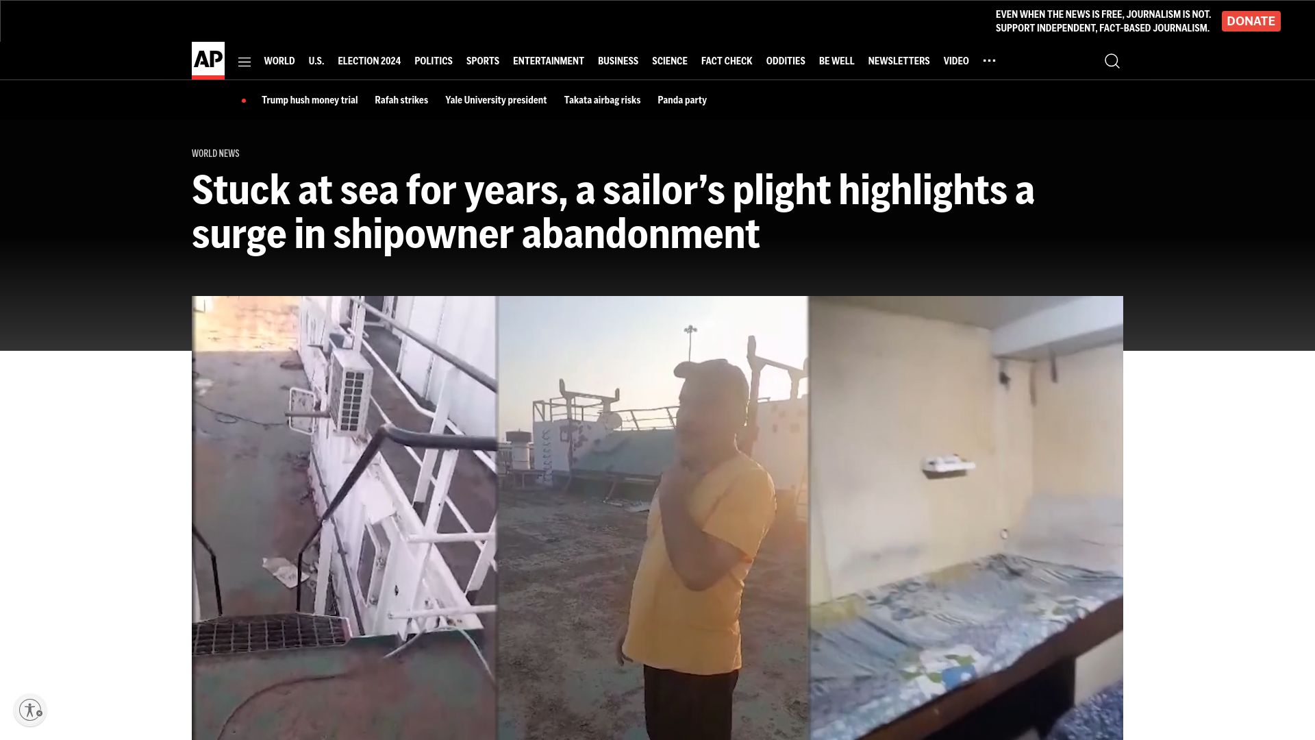 Screenshot of apnews.com: Stuck at sea for years, a sailor's plight highlights a surge in ship abandonment