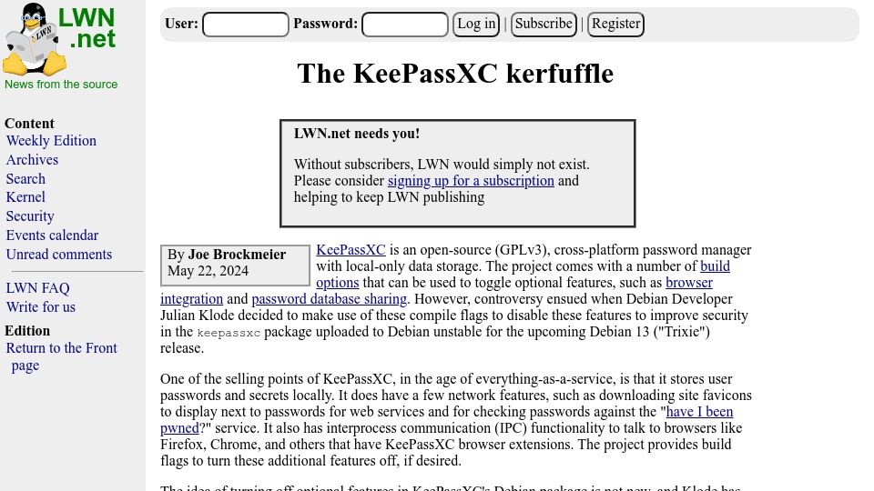 Screenshot of lwn.net: The KeePassXC Kerfuffle