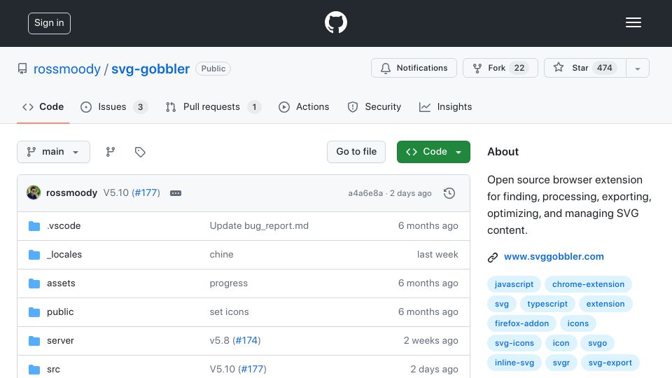 Screenshot of github.com: SVG Gobbler – Find, optimize, edit, and export SVGs