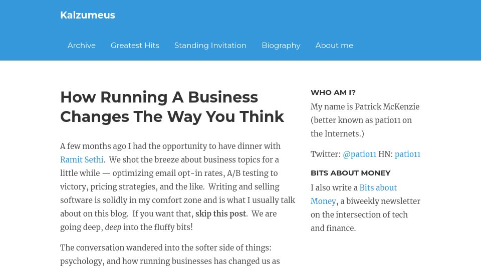 Screenshot of kalzumeus.com: How Running a Business Changes the Way You Think (2011)