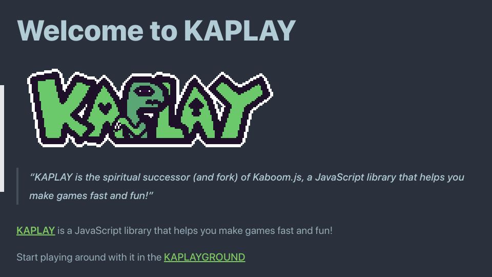 Screenshot of kaplayjs.com: Kaplay – a JavaScript library that helps you make games fast and fun