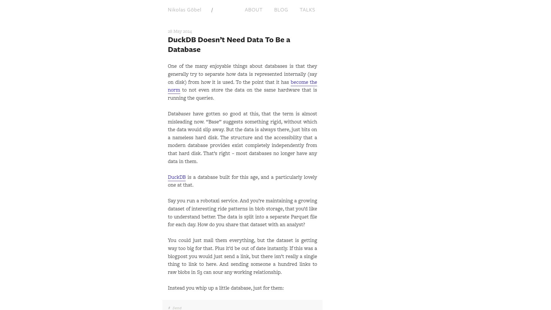 Screenshot of nikolasgoebel.com: DuckDB Doesn't Need Data to Be a Database