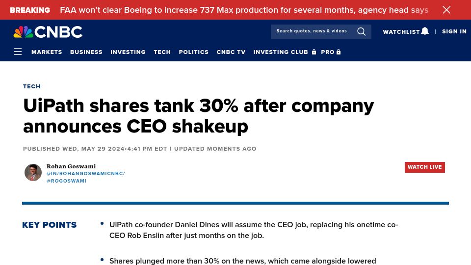 Screenshot of cnbc.com: UIPath shares tank 30% after company announces CEO shakeup