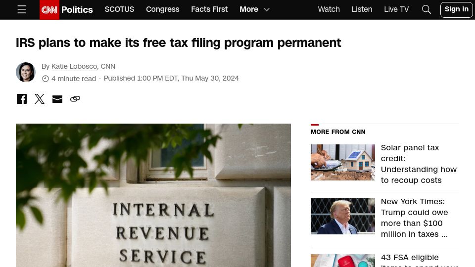 Screenshot of cnn.com: IRS Plans to Make Free Tax Filing Permanent