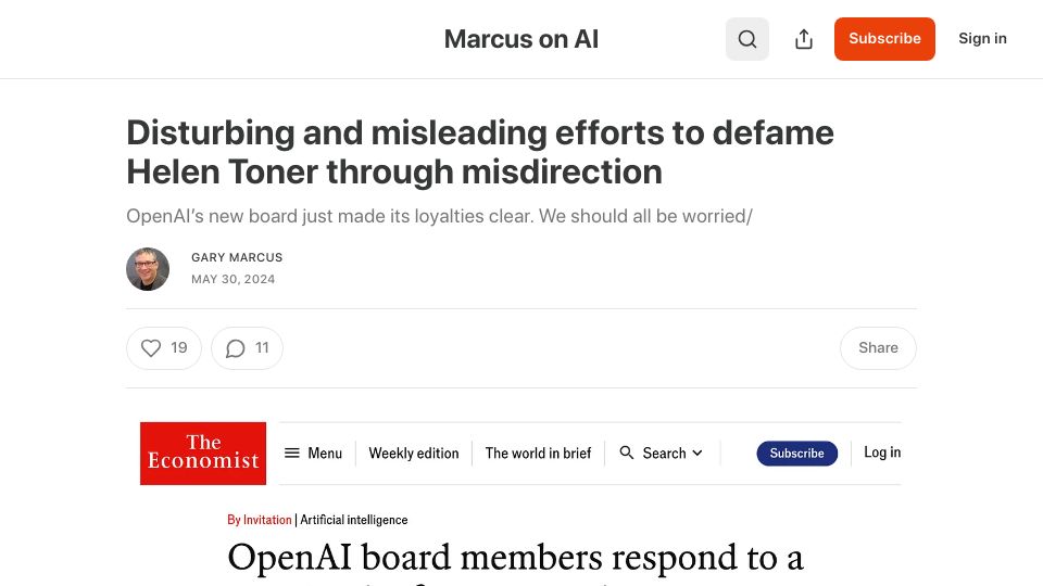 Screenshot of garymarcus.substack.com: Disturbing and misleading efforts to defame Helen Toner through misdirection