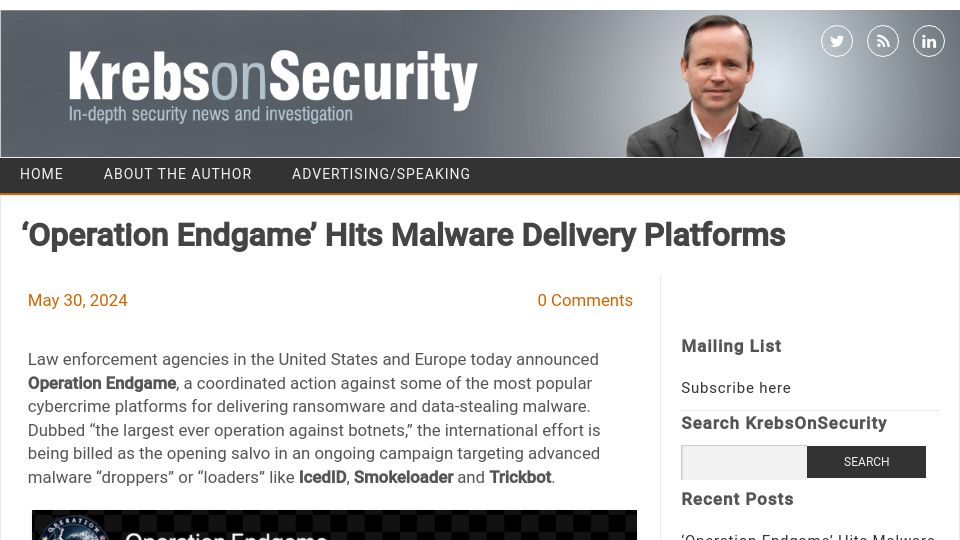 Screenshot of krebsonsecurity.com: 'Operation Endgame' Hits Malware Delivery Platforms