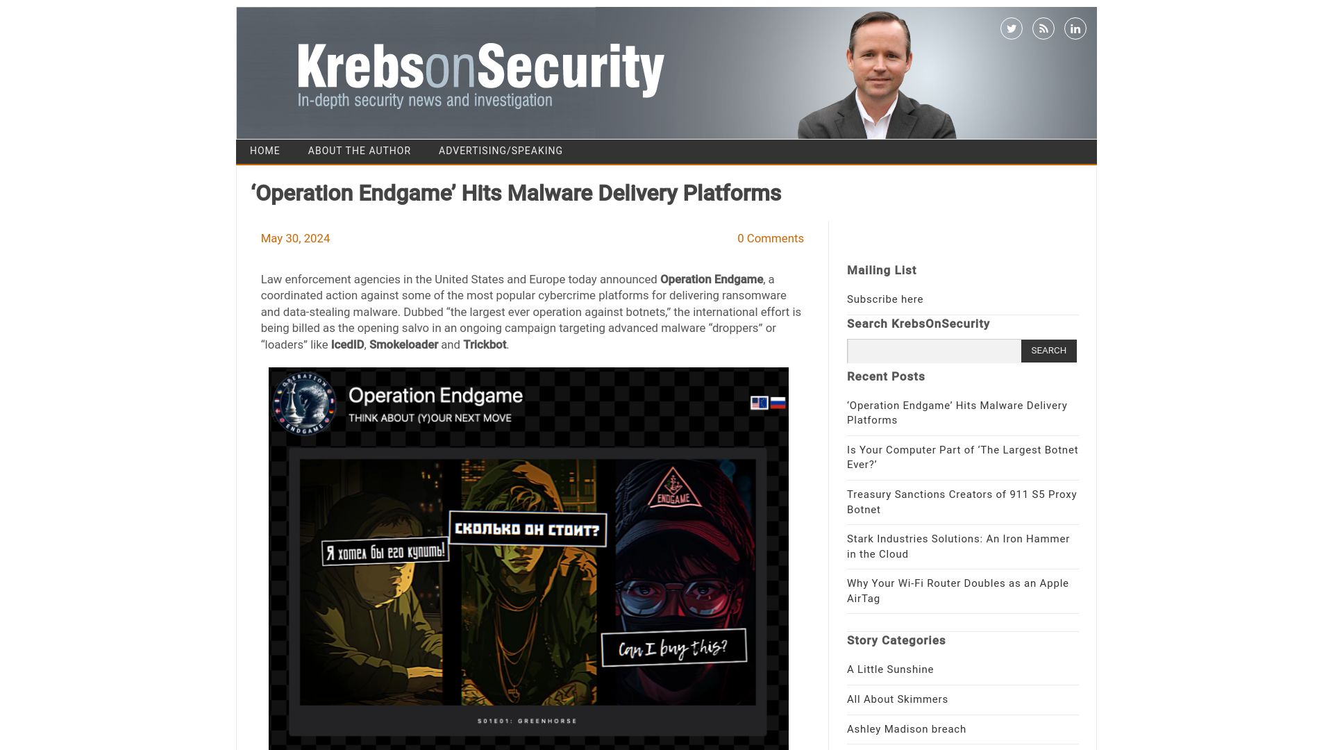 Screenshot of krebsonsecurity.com: 'Operation Endgame' Hits Malware Delivery Platforms