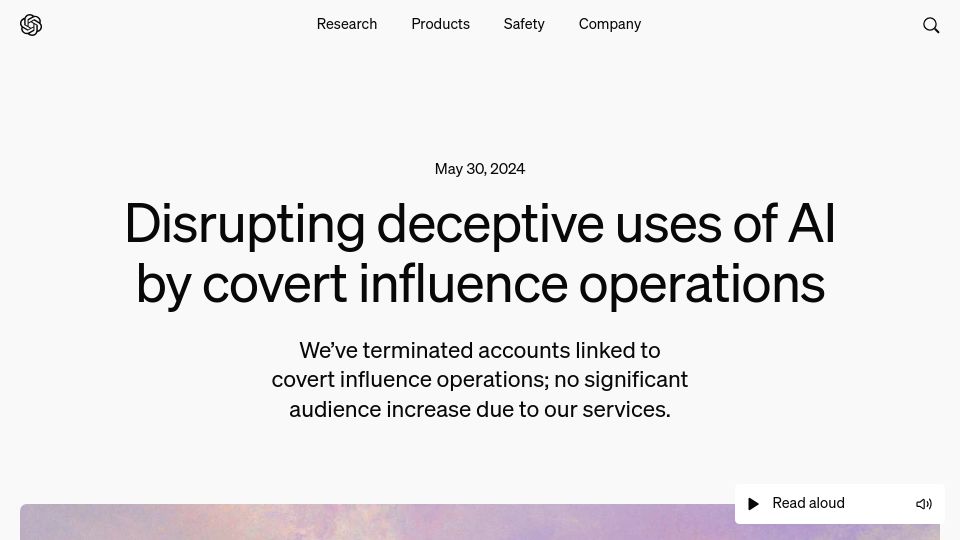 Screenshot of openai.com: Disrupting deceptive uses of AI by covert influence operations