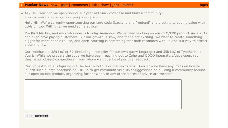 Screenshot of Hacker News post: Ask HN: How can we open-source a 7 year old SaaS codebase and build a community?