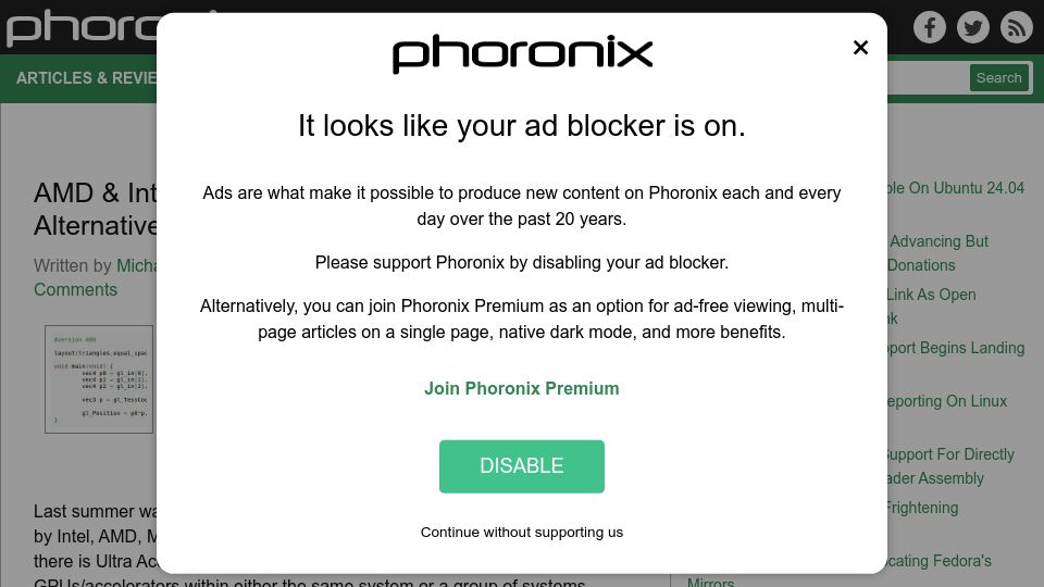 Screenshot of phoronix.com: AMD and Intel Team Up for Open Alternative to Nvidia's NVLink