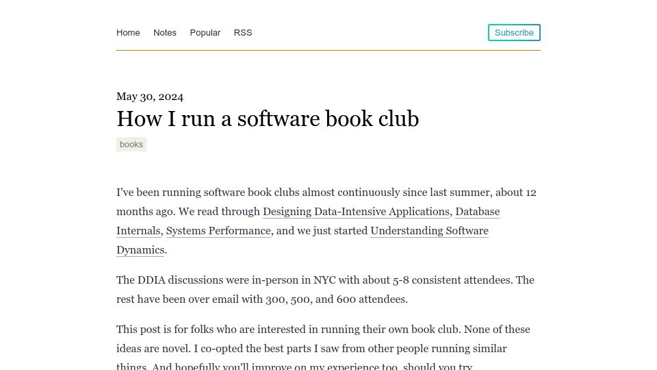 Screenshot of notes.eatonphil.com: I run a software book club