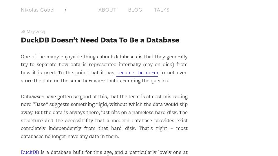 Screenshot of nikolasgoebel.com: DuckDB Doesn't Need Data to Be a Database