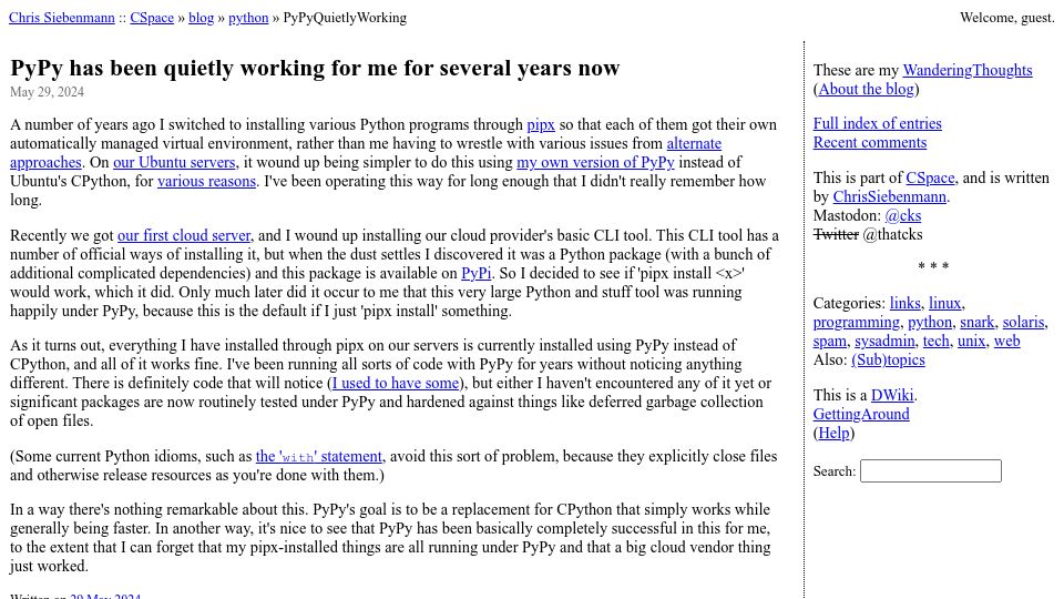Screenshot of utcc.utoronto.ca: PyPy has been working for me for several years now