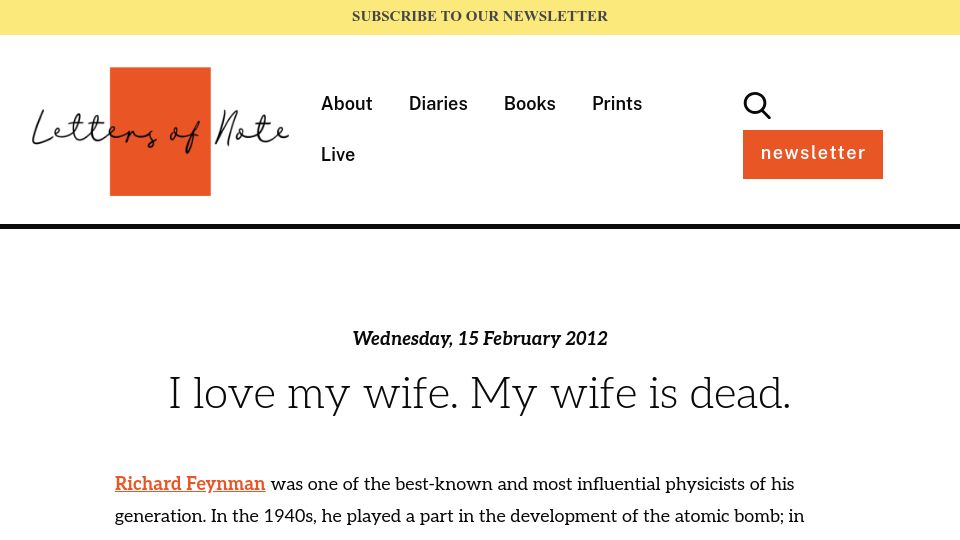 Screenshot of lettersofnote.com: I love my wife. My wife is dead (1946)