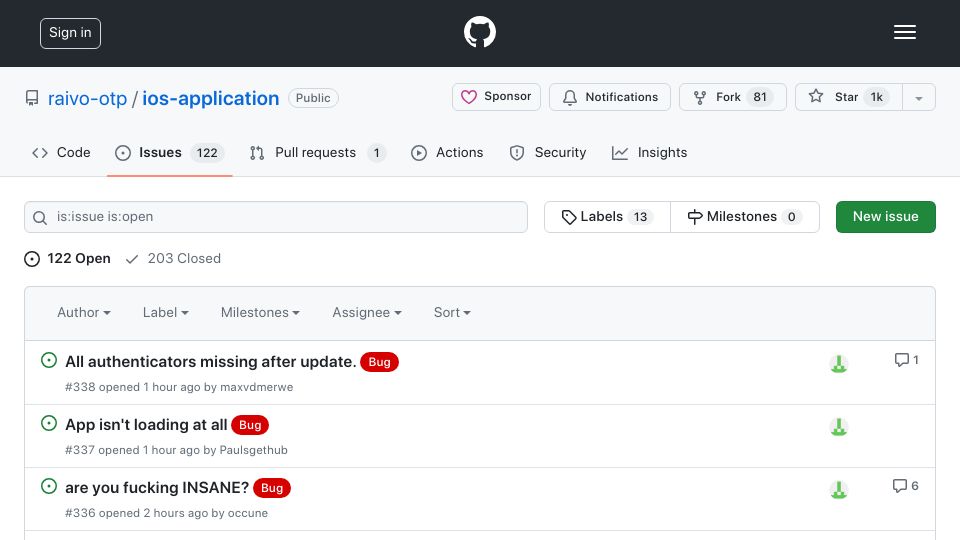Screenshot of github.com: Raivo OTP just deleted all tokens after update and is now asking for money