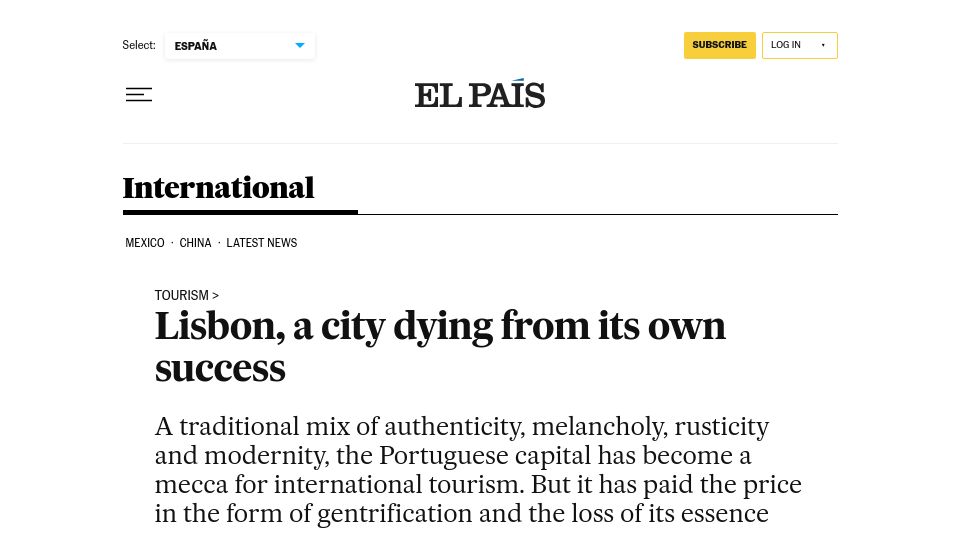 Screenshot of english.elpais.com: Lisbon, a city dying from its own success