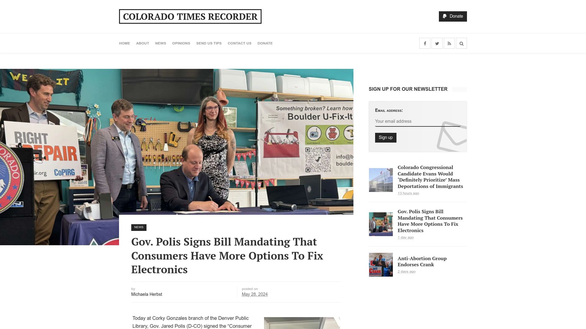 Screenshot of coloradotimesrecorder.com: Gov. Polis Signs Bill Mandating That Consumers Have Options to Fix Electronics